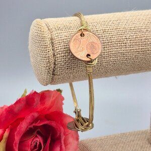 Bourbon & Bowties Gold Tone Bangle Bracelet 2 Cent Euro Coins Wire Wrap Unique